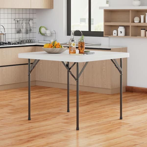 35 in. Plastic Folding Card Table Square w/ Mesh Bag, White Portable Heavy Duty Table with Handle for Indoor Outdoor Use