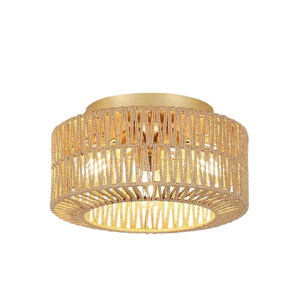 11.8 in. 3-Light Fixtures Ceiling Mount, Flush Mount Ceiling Light with Hand-Woven Shade