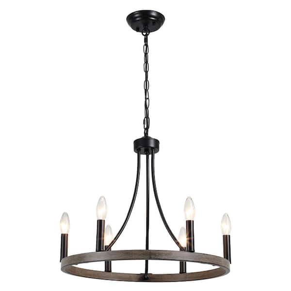 ADSENSTY 6-Light Black and Imitation Wood Grain Farmhouse Wagon Wheel Chandelier Rustic Dining Room Pendant Light