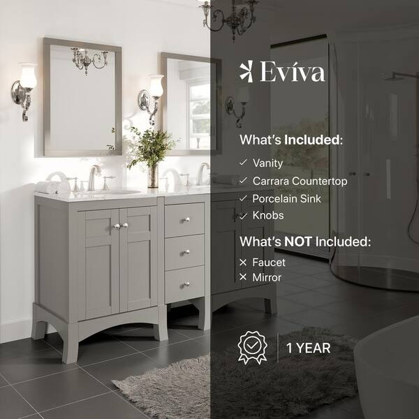 Eviva New York 60 in. W x 22 in. D x 34 in. H Bathroom Vanity in Gray with White Carrara Marble Vanity Top with White Sink