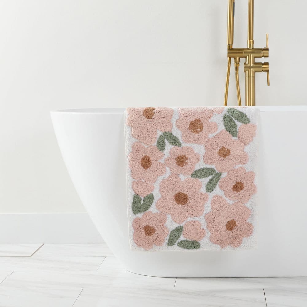 Becky Cameron 21 in. x 34 in. Pink Blossoms Floral 100% Cotton Bath Mat ...