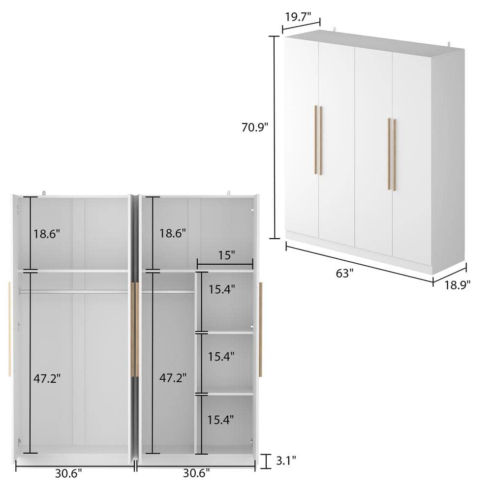 White 4-Door Wardrobe Armoire with Natural Wood Handles