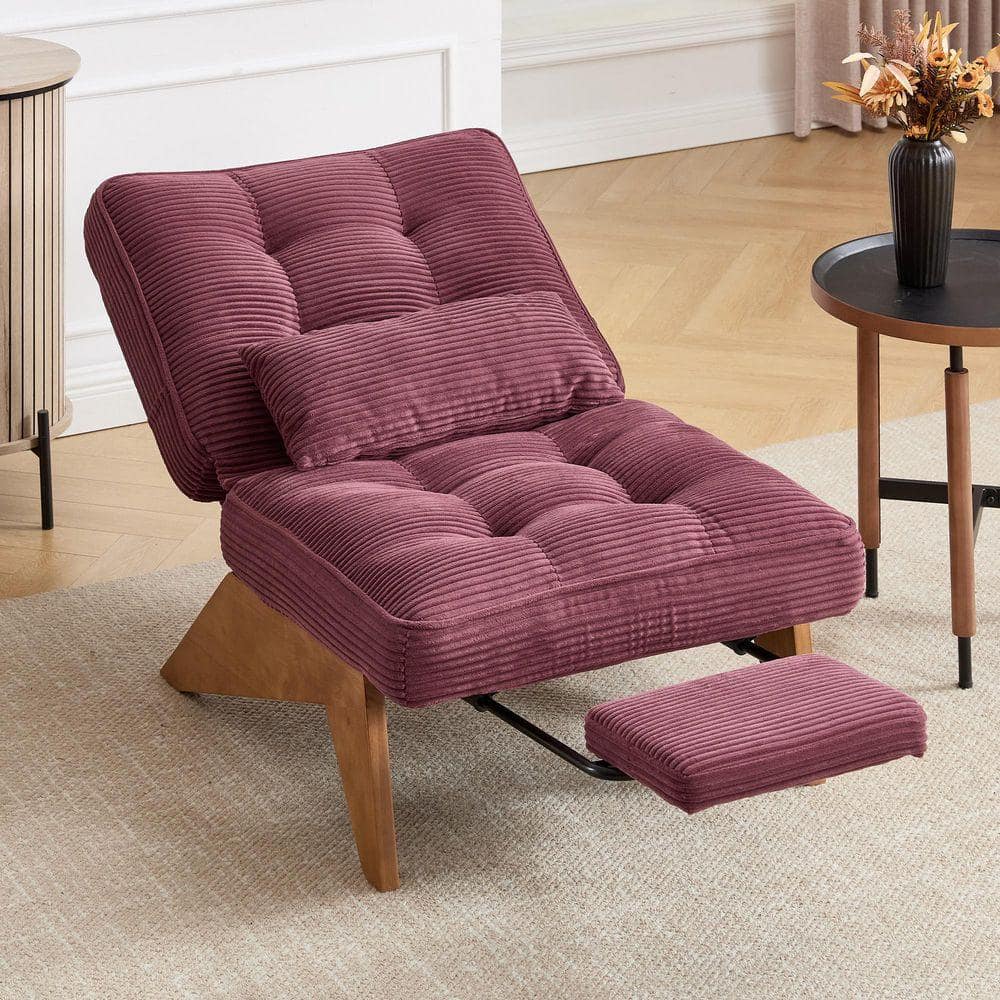 Modern Red Corduroy Upholstered Lounge Wingback Chair Accent Chair with Adjustable Backrest and Retractable Footrest