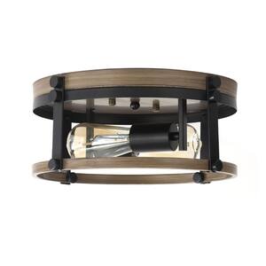 12.2 in. W 2-Light Wood Grain-coated Metal Round Frame Flush Mount Light Modern Industrial Ceiling Light with Shade