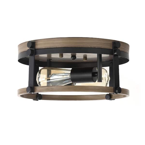 Unbranded 12.2 in. W 2-Light Wood Grain-coated Metal Round Frame Flush Mount Light Modern Industrial Ceiling Light with Shade