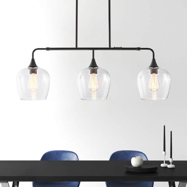 RRTYO Yorklyn 3-Light Modern Black Linear Glass Globe Island Pendant Light with Clear Glass Shade, No Bulbs Included