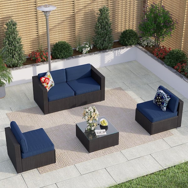 PHI VILLA Dark Brown Rattan Wicker 4 Seat 5-Piece Steel Outdoor Patio Conversation Set with Blue Cushions and Coffee Table