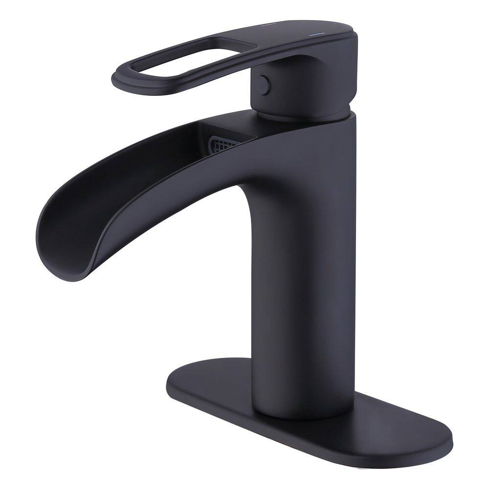 Flynama Single Hole Single Handle Waterfall Spout Bathroom Faucet in Matte Black PZZRX5301H