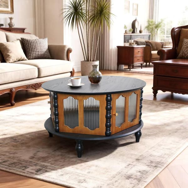 Mourade 31.5 in. Black Round Shape Wood Top Coffee Table with 3-Door Storage