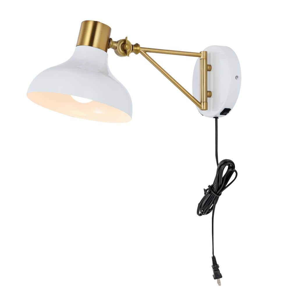 White and Brass Gold Iron Swing Arm Wall Sconce with USB Charging Port