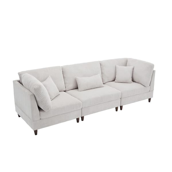 Uixe 120.5 in. Straight Arm 3-Piece Corduroy Upholstered 3-Seater Sectional Sofa in Sea Salt Gray