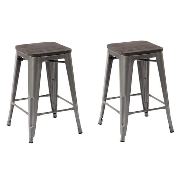 Homy Casa Zolnes 24 in. Silver Backless Metal Frame Counter Stool With Wood Seat (Set of 2)