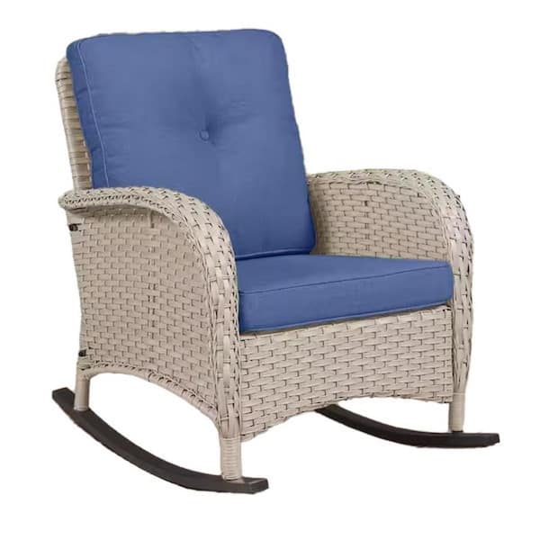 Light Beige Wicker Outdoor Rocking Chair with Olefin Blue Cushion (1-Pack)