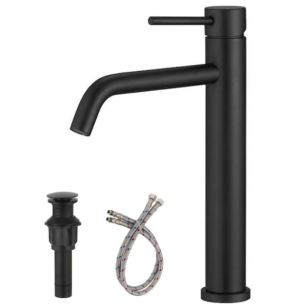 Single Hole Single Handle Bathroom Vessel Sink Faucet With Pop Up Drain Without Overflow in Matte Black