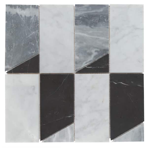 Modni White Carrara / Nero Marquina / Bardiglio Nuvolato 2x4 in. Geometric Honed Marble Mosaic Tile (10.1 sq. ft. /Case)