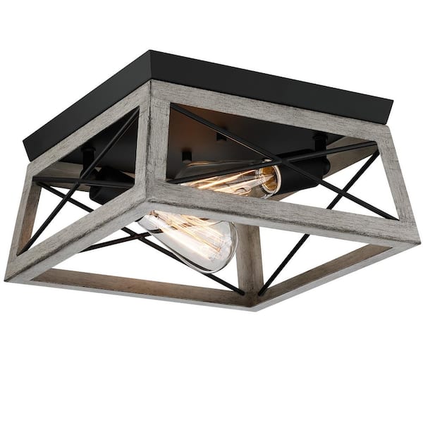 Pia Ricco 2-Light Kitchen Farmhouse Ceiling Light Flush Mount With Faux Weathered Wood Finished