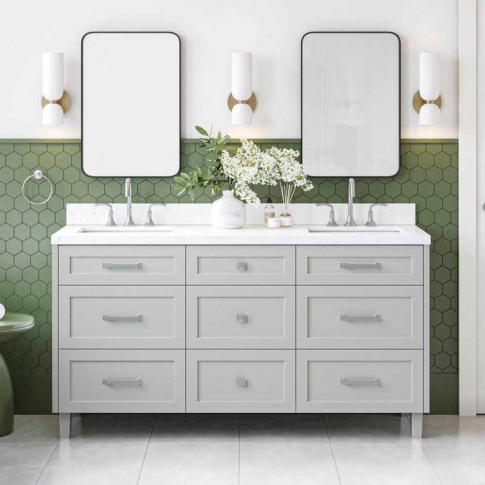 Monroe 66" Light Gray Wood Double Sink Vanity with Carrara Quartz Top