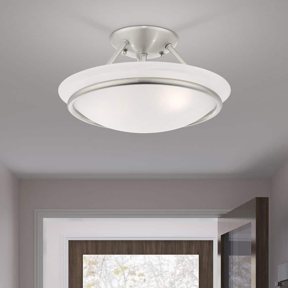 Elegant Alabaster Glass Bowl 2-Light LED Semi Flush Mount in Brushed Nickel