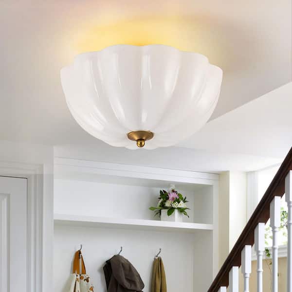 15.94 in. 3-Light Brass and White Bowl Semi-Flush Mount Ceiling Light with Glass Shade