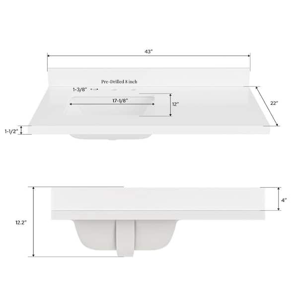 ARIEL - 43 in. W x 22 in. D in Pure White Quartz with 1.5 in. Thick Milter Edge with Rectangle Single Sink Vanity Top in. White
