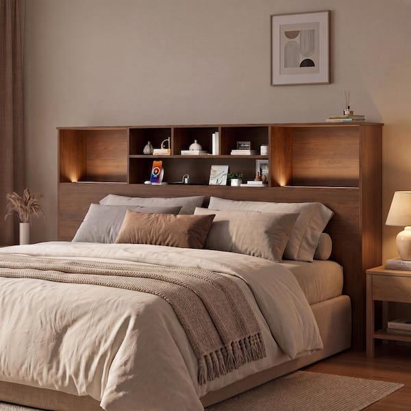 Bookcase Headboard with Charging Station-King Headboard with LED Lights,Freestanding Storage