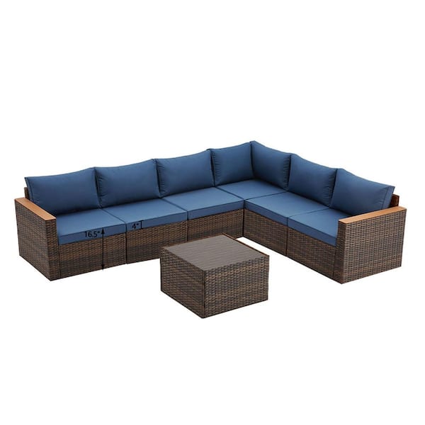 Sudzendf 6-Pieces Outdoor Wicker Sofa Set, Patio Furniture sofa set, with Blue Cushions