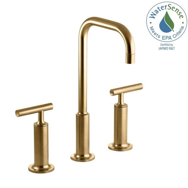 KOHLER Purist 8 in. Widespread 2-Handle Mid-Arc Bathroom Faucet in Vibrant Moderne Brushed Gold with High Gooseneck Spout