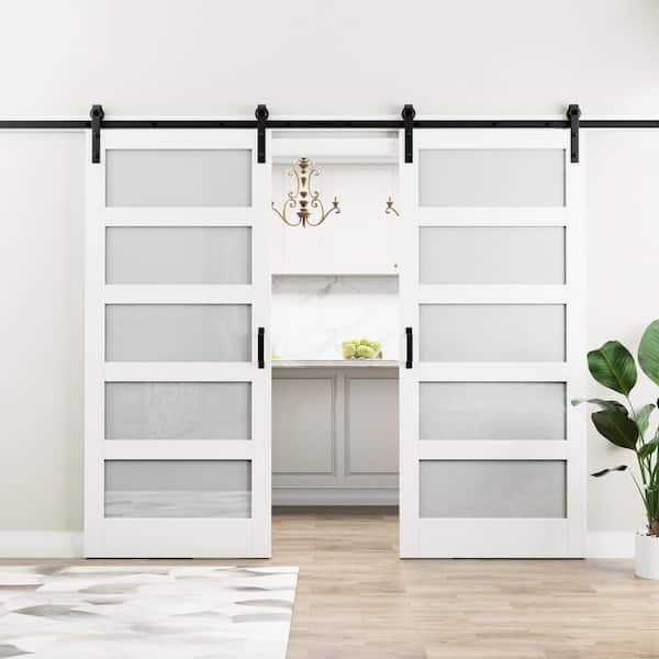 ARK DESIGN 72 in. x 96 in. 5 Lite Tempered Frosted Glass White Primed MDF Sliding Barn Door with Hardware Kit