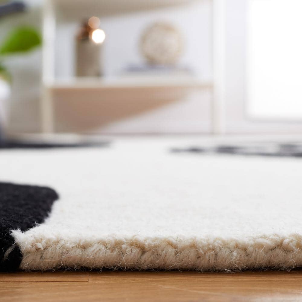Ivory and Black Hand-Tufted Wool Abstract Area Rug, 6' x 9'