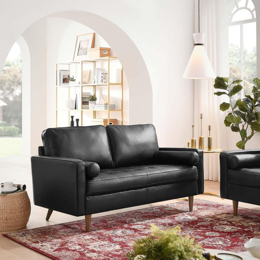 Mid-Century Modern Black Faux Leather Tufted Loveseat with Wood Legs