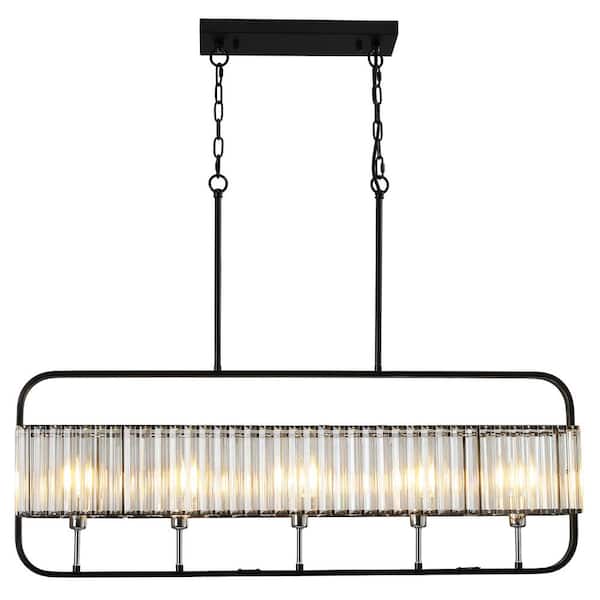 PAUMAN 40 in. 5-Light Modern Black and Brushed Nickel Frame Linear Pendant Light with Crystals