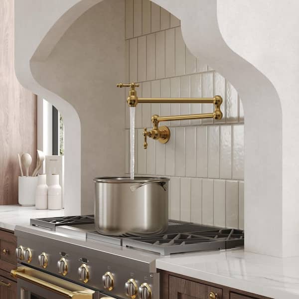 24 in. Wall-Mount Double-Handle Pot Filler Faucet with Dual Swing Arms Spot Resist in Brushed Gold