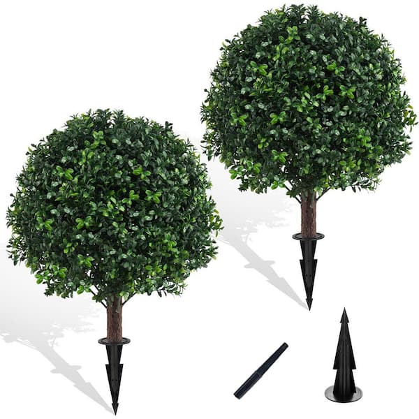 24 in. Green Indoor/Outdoor Artificial Boxwood Topiary Ball Tree UV Resistant Weatherproof 2-Pack