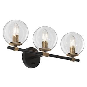 Modern 22.04 in. 3-Light Black and Gold Bathroom Vanity Light Over Mirror with Globe Clear Glass Shades