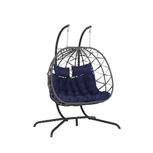 2-Person Wicker Patio Swing, Outdoor Metal Frame Hanging Chair, Patio Egg Chair with Cushions, Gray and Blue