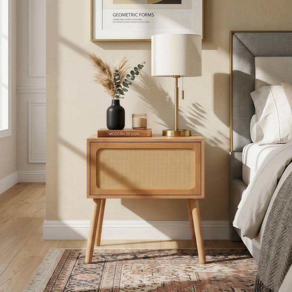Qualler Natural Rotating Hidden Compartment Nightstand with Wood