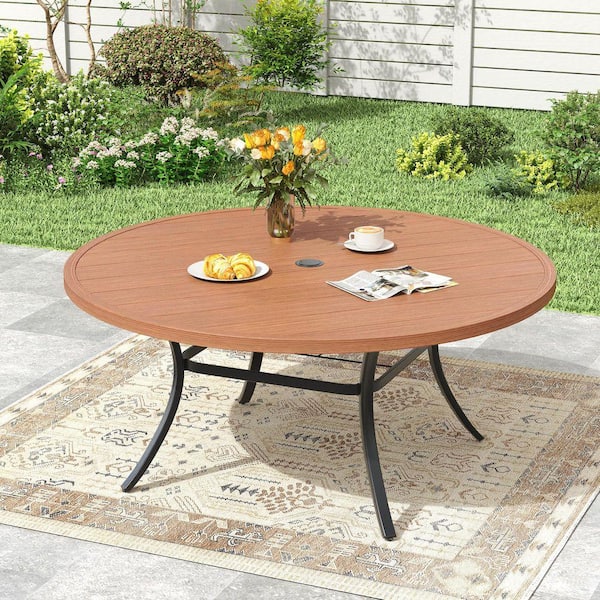 DIFY Walnut 60 in. Round Outdoor Patio Table, All-Weather Metal