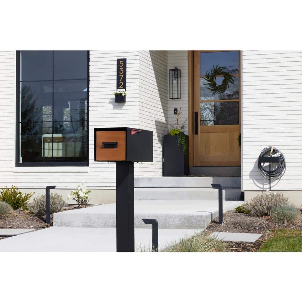 Malone Black Steel Mailbox with Brass Number and Wood-Styled Door