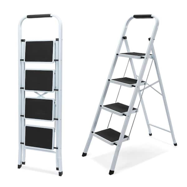 White 4 ft. Reach Height Four Step Foldable Non-Slip Metal Ladder for Home, Kitchen, Office, Loading 330 lbs.