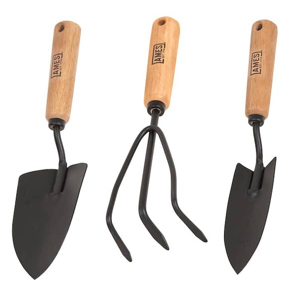 Ames 3-Piece Wood Handle Trowel, Cultivator, and Transplanter Garden Tool Set