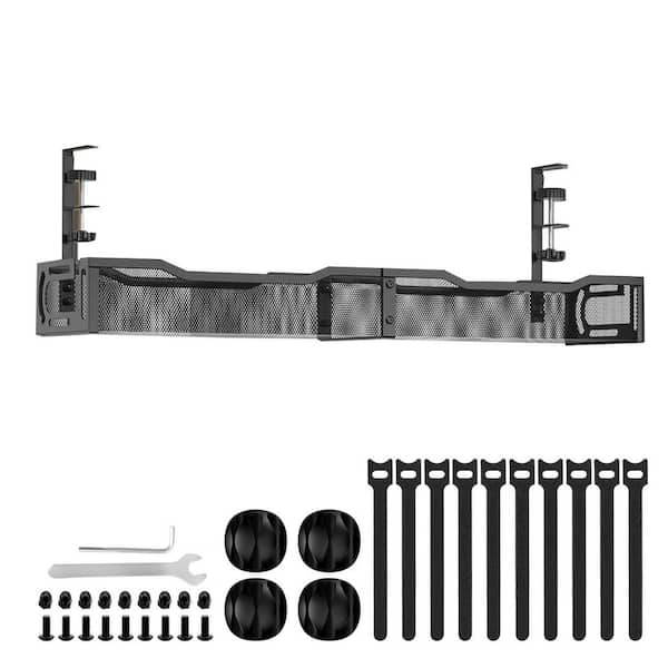 25 Inch Under Desk Cable Management Tray No Drill Metal Cord Organizer with Clamp for Standing Desk Black