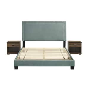 Emery Green Wood Frame Queen Platform Bed with 2-Nightstands