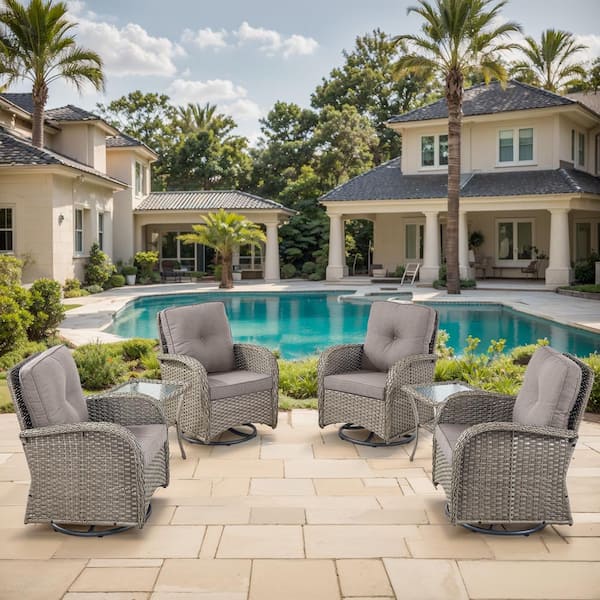 Farmhouse 6-Piece Gray Wicker Outdoor Rocking Chair with Olefin Gray Cushions and Swivel Glides / Side Tables