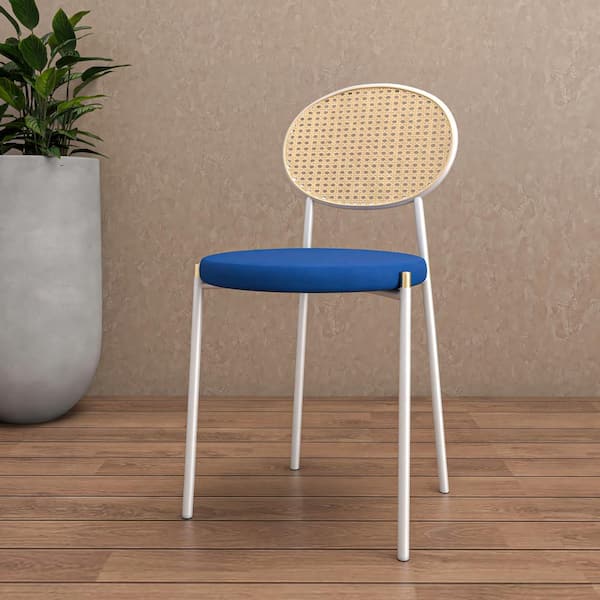 Leisuremod Leather Dining Chair Armless Rattan Back Side Chair in White Stainless Steel Euston Collection in Navy Blue