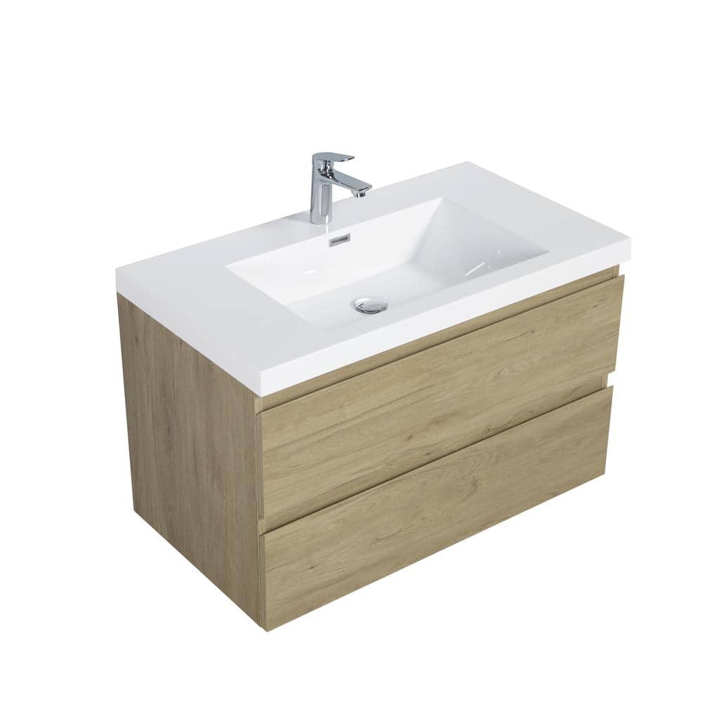 36 in. W Floating Single Sink Bath Vanity in Natural Oak with Gloss White Resin Top