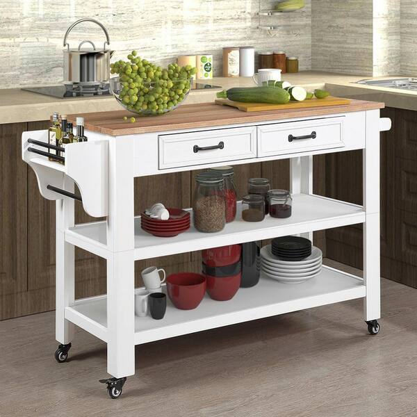 FAMYYT Retro Rolling White Solid Oak Wood Countertop 57 in. Kitchen Island with Drawers
