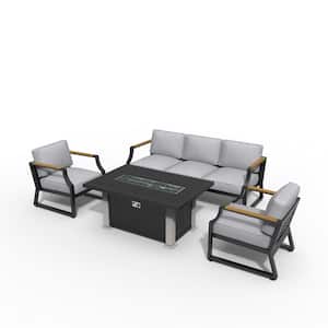 Ulrica Black 4-Piece Aluminum Patio Fire Pit Conversation Set with Gray Cushions