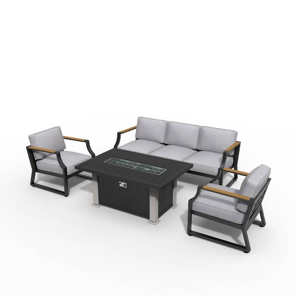 moda furnishings Ulrica Black 4-Piece Aluminum Patio Fire Pit Conversation Set with Gray Cushions
