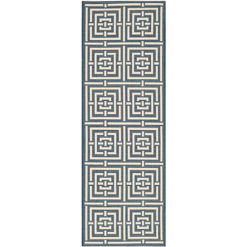 Navy and Beige Geometric Synthetic Indoor/Outdoor Runner Rug