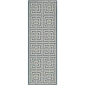 Courtyard Navy/Beige 2 ft. x 10 ft. Geometric Indoor/Outdoor Patio  Runner Rug